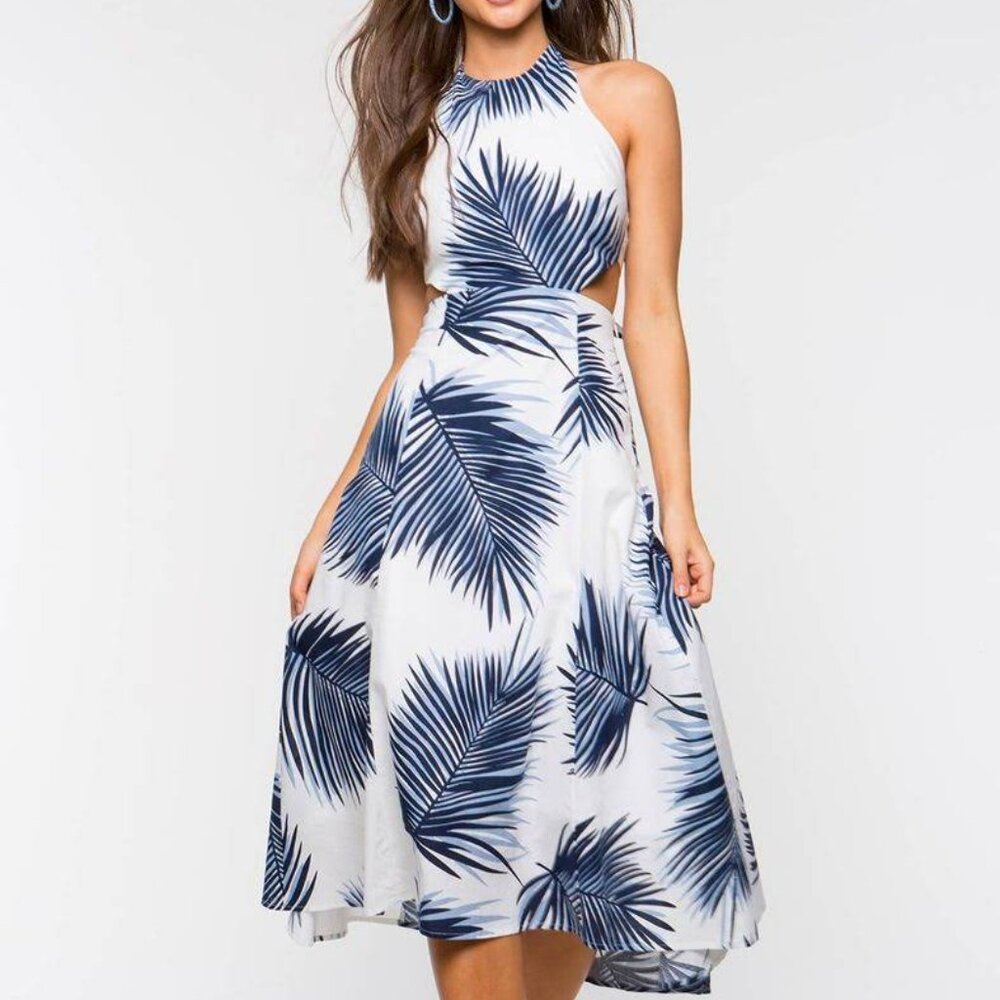 Blue & white tropical leaf print dress